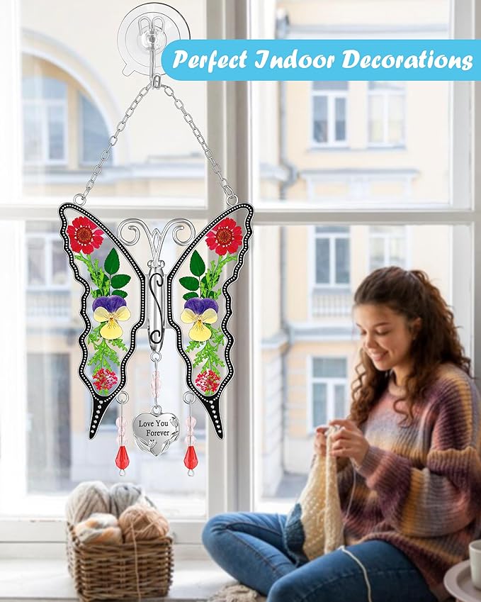 KY&BOSAM Butterfly Suncatcher Stain Glass Love You Forever Butterfly Sun Catcher for Windows Hanging Wind Chime Gifts for Women Grandma Mom Mother`s Day Valentine's Birthday Christmas Thanksgiving