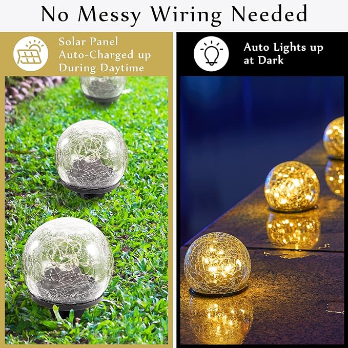 Honoson 3.9 Inch Solar Globe Lights Outdoor Waterproof, Solar Balls for Garden Cracked Glass Ball, Ground Landscape Garden Decor for Patio and Yard Lawn Backyard (12 Pieces)