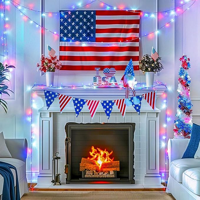 JMEXSUSS Red White & Blue Lights Clear Wire, 66 Ft 200 LED 4th of July Decorations String Lights Plug in, Christmas Lights for Independence Day Celebration Party Memorial Day Patriotic Holidays Decor
