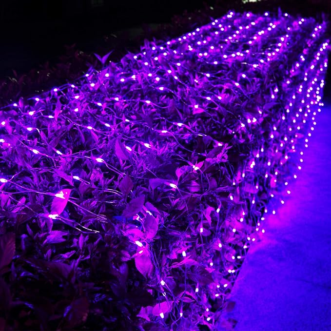 Joomer 12ft x 5ft 360LED Purple Halloween Net Lights Outdoor, 8 Modes Timer Connectable Waterproof Bush Mesh Netting for Halloween Outdoor Decorations (Clear Wire)