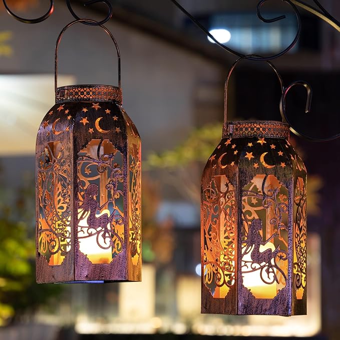 Solar Lanterns Outdoor Hanging Metal Bronze Moon Fairy Lantern, 1 Pack Waterproof Flickering Flameless Candle Mission Lights for Table,Pathway,Garden Gifts for Women, Mothers' Day Gift