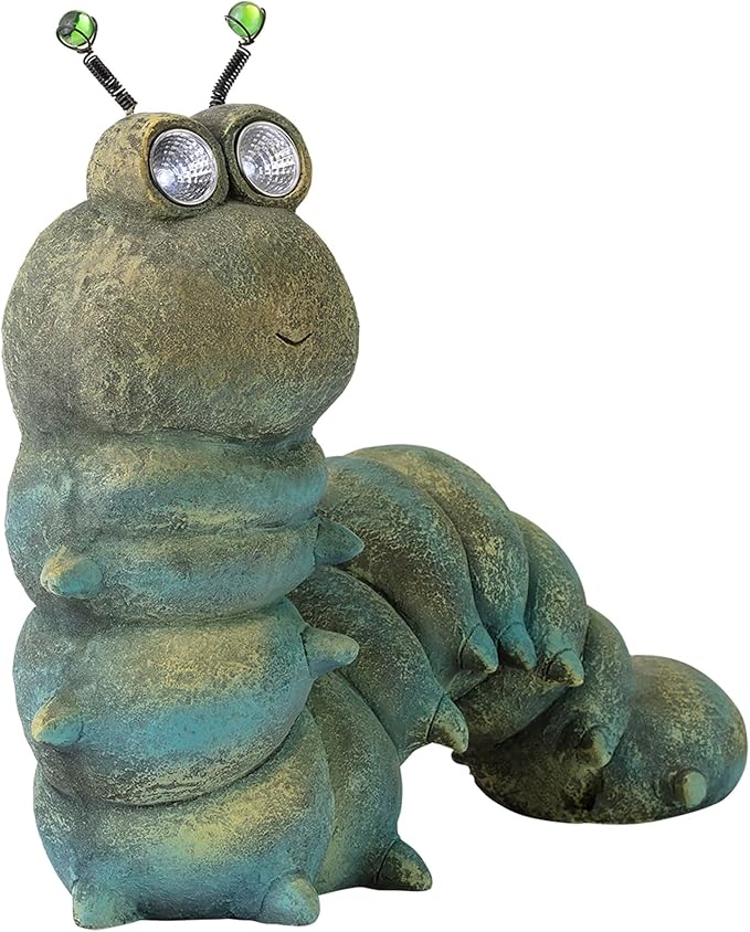 Alpine Corporation FCC121SLR Outdoor Solar Powered Garden Caterpillar Statue with LED Lights, LED Solar Garden Décor, 16"