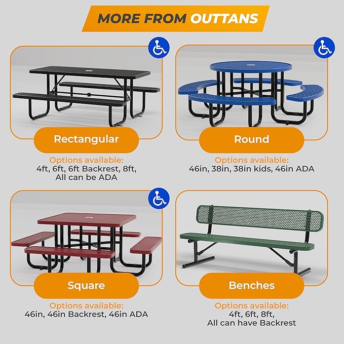 Metal Picnic Tables for Outdoors with Umbrella Hole - Coated Steel Heavy Duty Commercial Grade Table with Adjustable Seats (Black, 46 in, Square, Punched Steel)