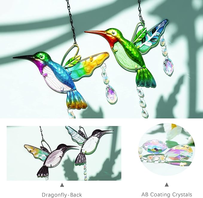 YU FENG 2PCS Hummingbird Suncatchers,Stained Glass Window Hanging Ornament,Rainbow Maker Crystal Prism Suncatcher Outdoor Indoor Home Garden Party Decoration
