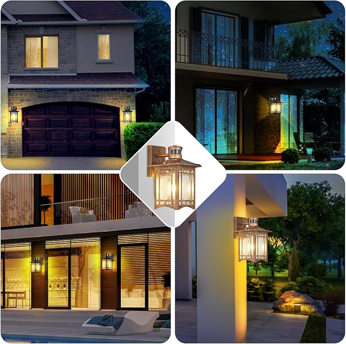Brown Motion Sensor Outdoor Lights Wall Mount - Dusk to Dawn Exterior Light Fixture for Outside House Porch Patio Garage - Waterproof Lantern with Yard Front Motion Detector