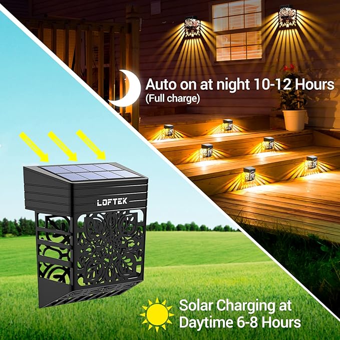 LOFTEK Solar Deck Lights, 4 Pack Solar Fence Lights, Outdoor Garden Decorative Light, Dusk to Dawn, Waterproof, Fence Post Light for Railing, Patio, Backyard, Stair, Step, Camping, Warm White