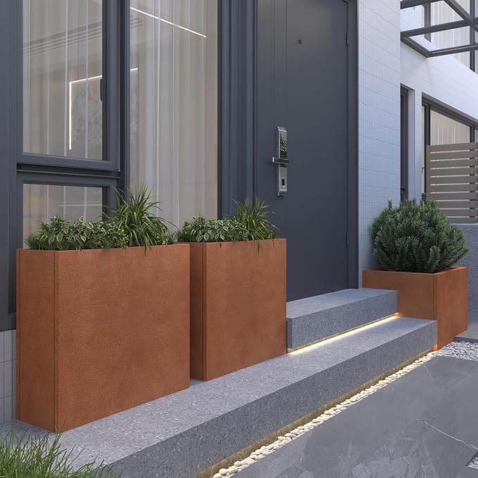 Corten Steel Metallic Heavy Planter for Outdoor Plants 24"x10"x24" Metal Planter Spliced Flower Pot with Partitions for Outside,Indoor,Garden (Corten, 24 * 10 * 24)