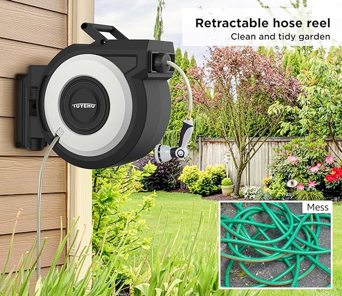 Tuyeho Retractable Garden Hose Reel 90 FT, Wall Mount Heavy Duty Water Hose Reels with Automatic Slow Rewind System, Outdoor Hoses Reel with 2 Hose Nozzles for Garden Watering, Car Wash, Pet Shower