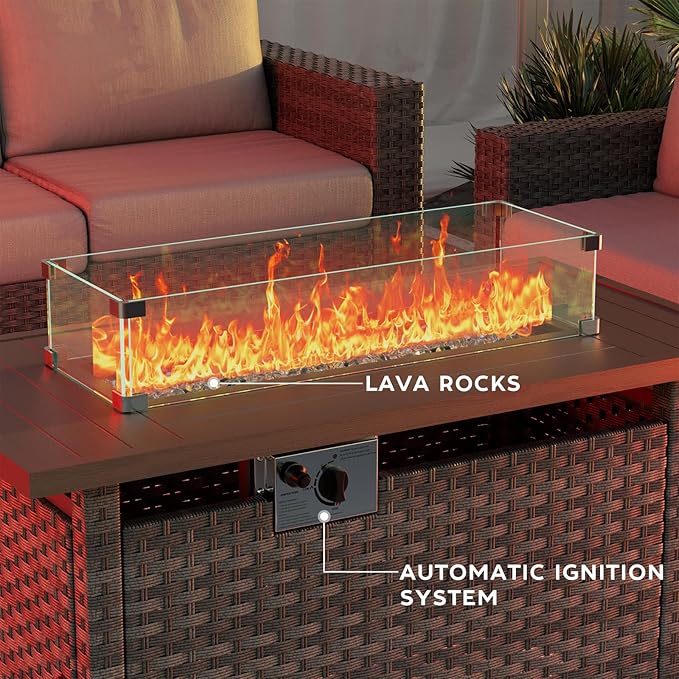 Propane Fire Pit Table Outdoor, 44" 60000BTU Auto-Ignition Fire Pits Table with Wind Guard Square Large Wicker Propane Firepits for Porch Garden(Grey,CSA Certified)