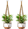 43 Inch Macrame Plant Hanger - Fits 6-15 Inch Pots, Extra Long Hanging Planter Holder for Indoor Outdoor, with Red Wood Beads, Boho Home Decor, 2 Pack, Brown (POTS NOT Included)