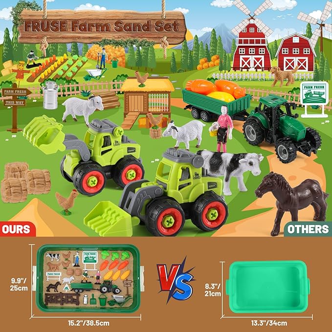 FRUSE Play Sand Farm Toys,Sensory Bins for Toddlers with 2.2lbs Sensory Play Sand,Farm Figures & Tractor Playset,Sandbox Toys for Kids 3 4 5 6 7