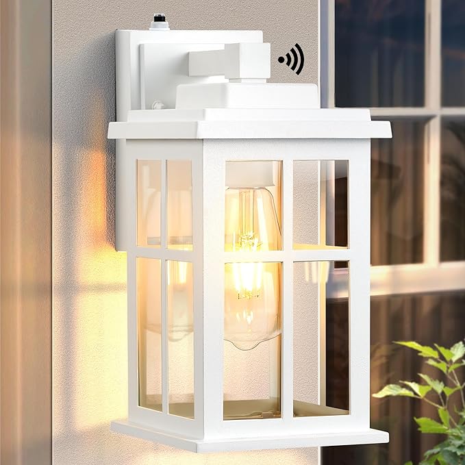 White Outdoor Wall Lights, Dusk to Dawn Exterior Lighting Fixtures, Waterproof Outside Lights for House, Garage, Garden, Entryway, Doorway, Anti-Rust, Modern Style, Tempered Glass