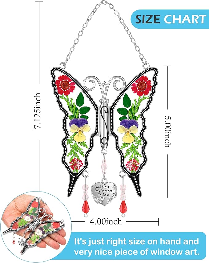 KY&BOSAM Butterfly Suncatcher God Bless My Mother-in-Law Gift Stain Glass Suncatchers for Window Hanging Wind Chime Home Ornament Mom Gift for Mother`s Day Valentine's Birthday Thanksgiving Christmas