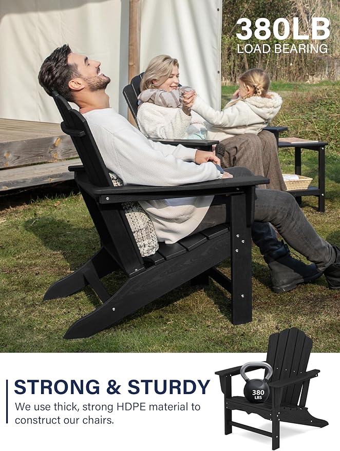 KINGYES HDPE Adirondack Chair, Classic All-Weather Adirondack Chair Set of 2, Black