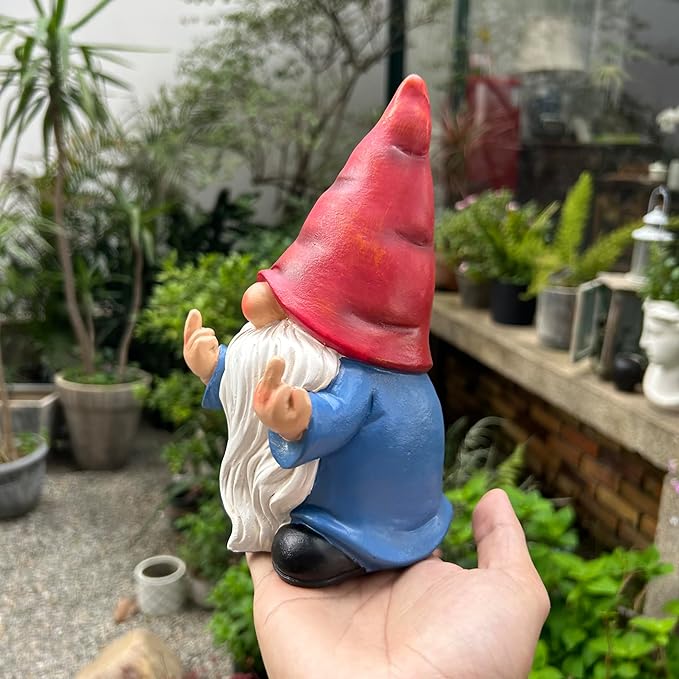 Middle Finger Gnome Statue 7.8in， Naughty Garden Gnome Statue Decoration and Lawn Ornament - Funny Garden Gnomes for Outdoor or Home Decor, Red, WSH004