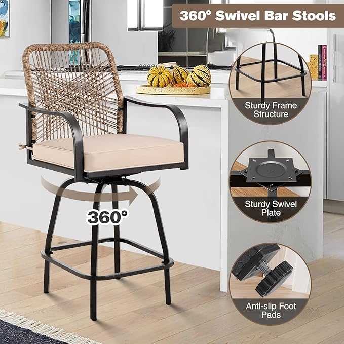 Outdoor Bar Stools Set of 4, Patio Swivel Counter Height Rattan Bar Stools, Patio Wicker Bar Swivel Chairs with Cushion, Outdoor Pool Bar Chairs for Backyard Garden Balcony w /360 Rotation