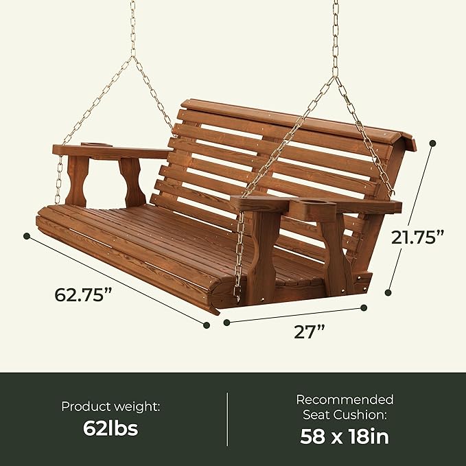 Amish Casual 4 Foot Roll Back Porch Swing with Cup Holders in Semi-Solid Black Stain - Amish Made in The USA from Treated Pine Heavy Duty 700 Lb. Weight Capacity