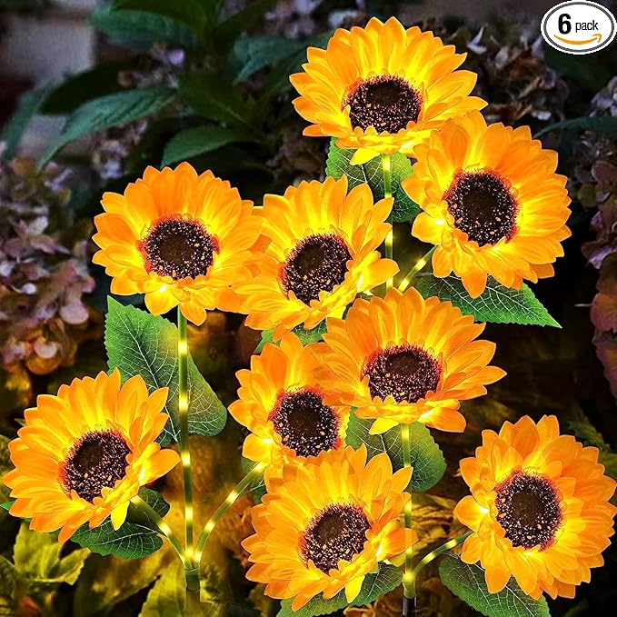 KOOPER Solar Lights Outdoor Decor - 6 Pack with 18 Sunflower Lights, Auto ON/Off, Waterproof for Garden, Patio, Backyard