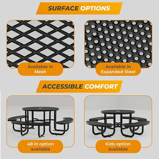Metal Picnic Tables for Outdoors with Umbrella Hole - Coated Steel Heavy Duty Commercial Grade Table with Adjustable Seats (Green, 38 in, Round, Expanded Steel)