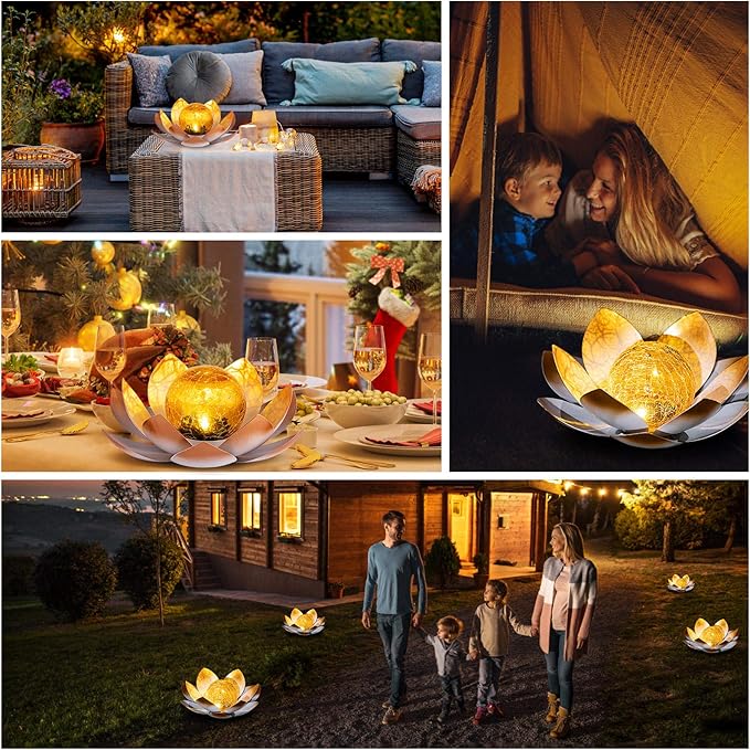 Huaxu Solar Lights Outdoor Garden Decorative Art Metal Lotus Cracked Glass Ball Waterproof Decorations for Pathway Lawn Patio Yard Ground Tabletop Gifts