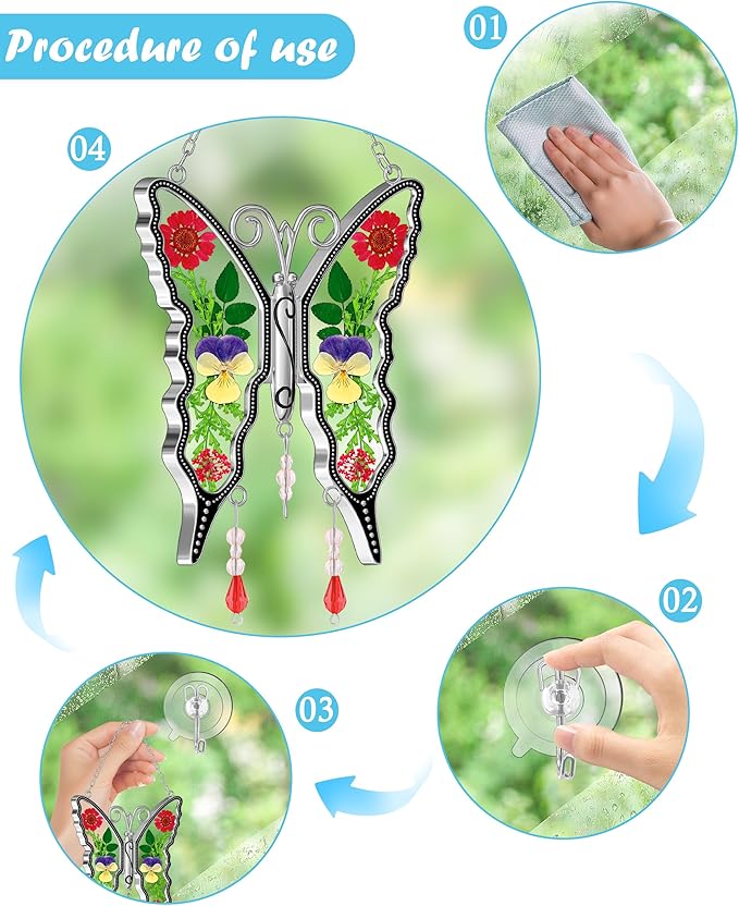 KY&BOSAM Butterfly Suncatcher DIY Gifts for Mom Ornament for Window Pressed Flower Between Wings Glass Metal Engraved No Charm Gifts for Mom Mother's Day Valentine's Birthday Thanksgiving Christmas
