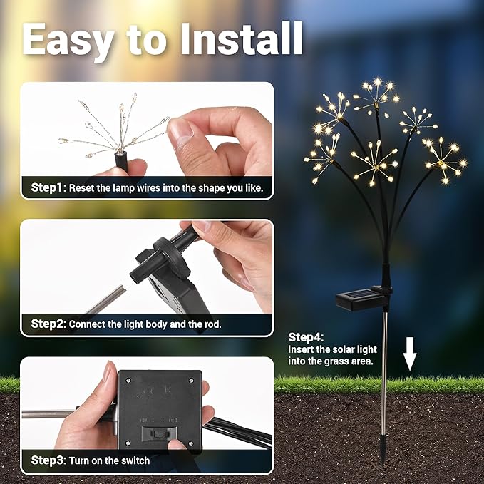 Solar Garden Decor Lights Outdoor, Solar Powered Lights Waterproof for Yard Patio Porch Flowerbed, Fairy Gardening Supplies Gifts Firwork(4 Pack Warm White)