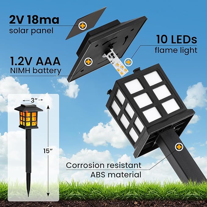 GIGALUMI Solar Lights for Outside,6 Pack Flickering Flame LED Solar Outdoor Lights, Waterproof Solar Garden Lights Maintain 10 Hours of Lighting for Christmas, Garden, Landscape, Path, Yard, Patio