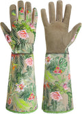 HANDLANDY Leather Gardening Gloves for Women, Thorn Proof Breathable Ladies Rose Pruning Garden Gauntlet Yard Gloves, Gift for Gardeners (Khaki, M)