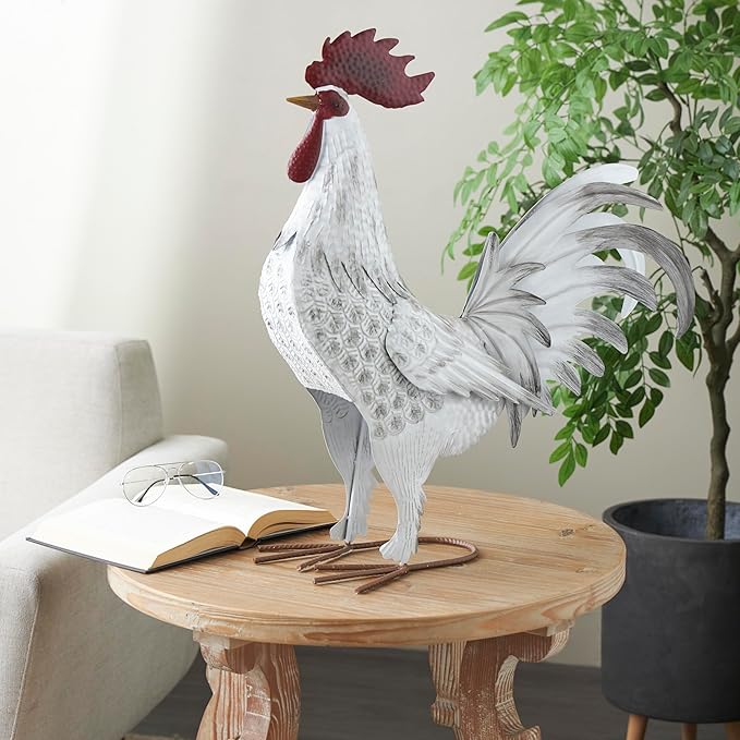 Deco 79 Metal Rooster Decorative Garden Sculpture Garden Statue with Black Texturing and Red Accents, Outdoor Sculpture 15" x 6" x 18", White