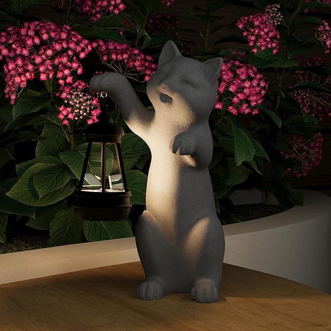Solar Powered Garden Resin Statue Lights, 10 Inch Waterproof Outdoor Animal Cute Cat Figurine Lights, Suitable for Patios, Balconies, Lawns, Courtyards, Etc.(Hand)