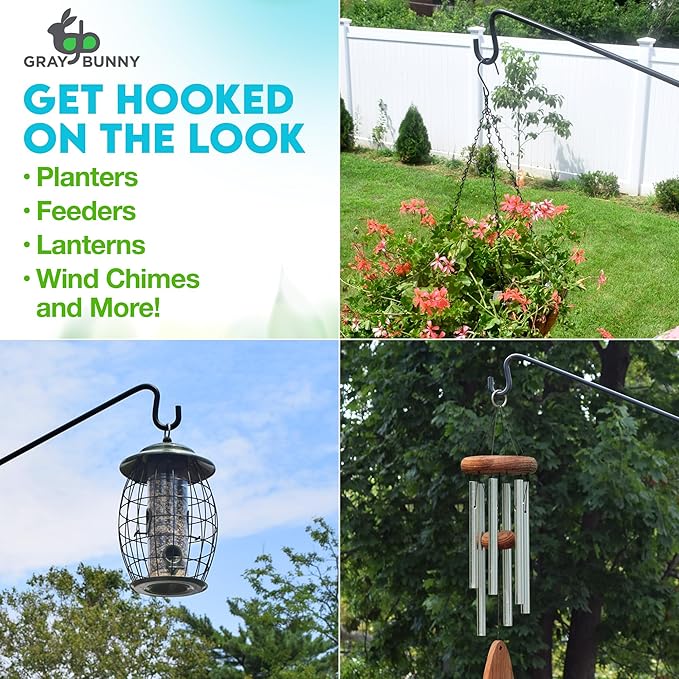 Gray Bunny Deck Hook 2 Pack, 30 Inch Bird Feeder Pole, with Non-Slip Clamp Deck Bird Feeder Hanger for Railing for Feeders, Planters, Suet Baskets, Lanterns, Wind Chimes and More