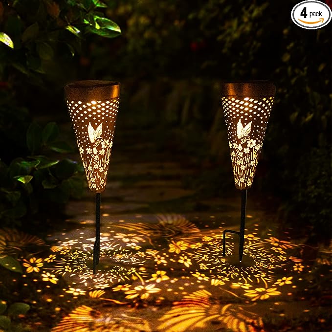 DIBIEECN 4 Pack Hummingbird Solar Pathway Lights Outdoor,Metal Garden Decorations Outdoor Lights with Patterns and Warm Light,Waterproof Landscape Lighting for Path Patio Backyard Walkway Yard