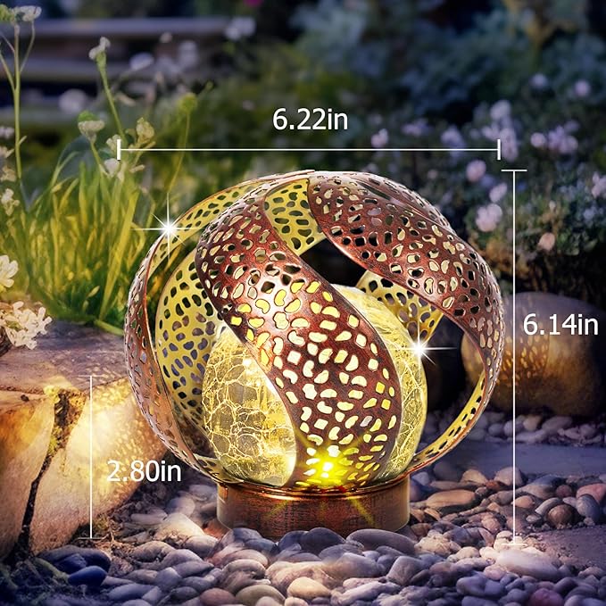 Huaxu Solar Lights Outdoor Garden Decor Waterproof Cracked Glass Globe LED Light Bronze Art Metal Retro Design Decorative Yard Patio Lawn Pathway Gift for Mom Women Anniversary Birthday