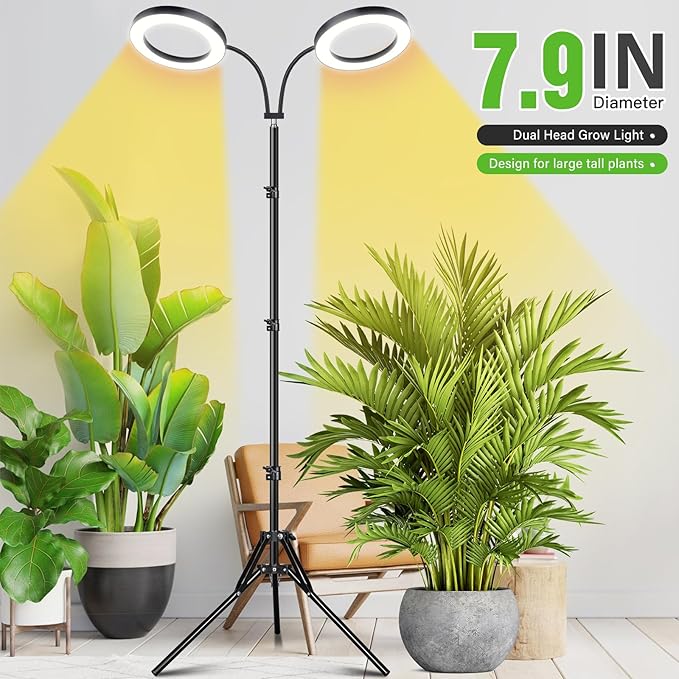 LORDEM Grow Light for Indoor Plants, 7.9" Diameter Dual-Head Plant Light for Plants Growing, Full Spectrum Growth Lamp with Auto Timer 3/6/12H, 4 Dimmable Levels, 3 Lighting Modes, Adjustable Stand