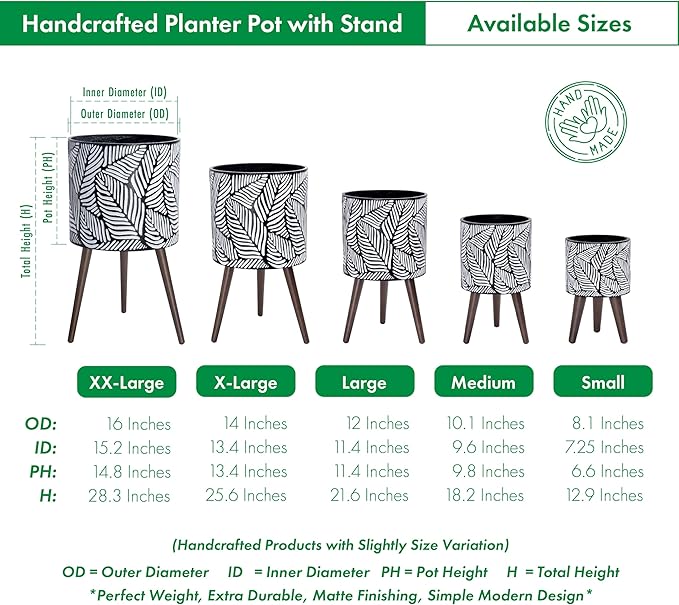 D'vine Dev 10 Inch Planter Pot with Stand, Mid-Century Tall Plant Pot with Legs for Indoor Plants, Medium, White/Grey, 88-L-B-7