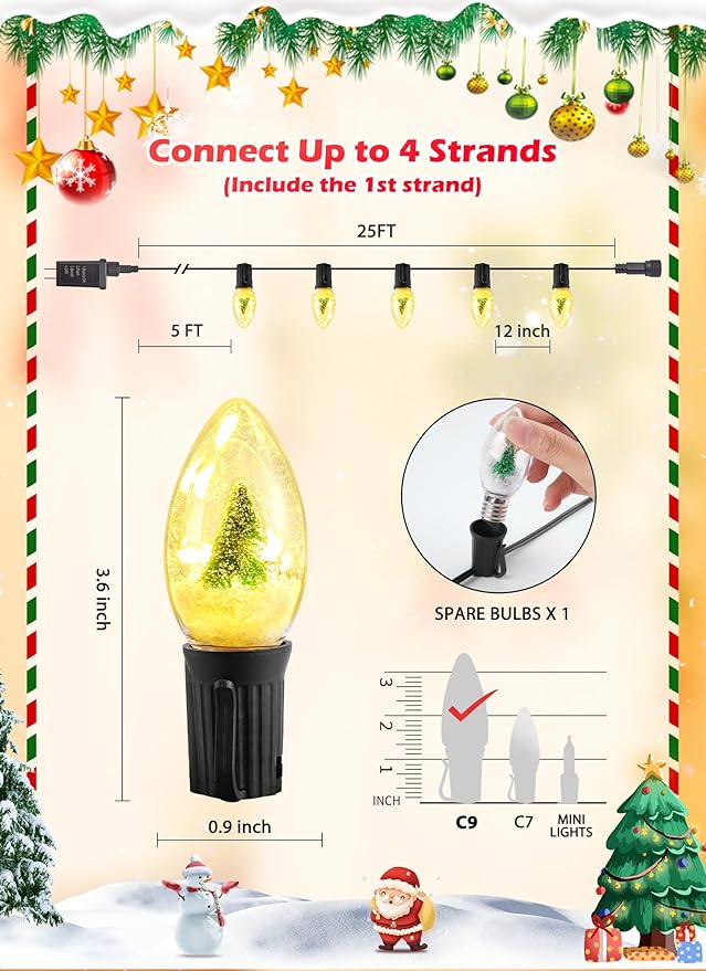 C9 LED Christmas Lights Outdoor, 25 Ft C9 String Lights with 20 Shatterproof LED Bulbs, 3 Light Mode, Connectable Waterproof Christmas Tree Lights for Outside Indoor Holiday Garden Decor, Warm White