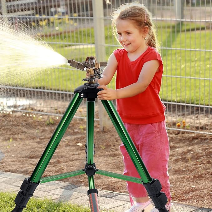 Biswing Impact Sprinkler Head on Tripod Base, Heavy Duty Lawn Sprinklers, 360 Degree Large Area Irrigation, Brass Sprinkler Nozzle & Solid Alloy Metal Extension Legs Flip Locks, 2 Pack