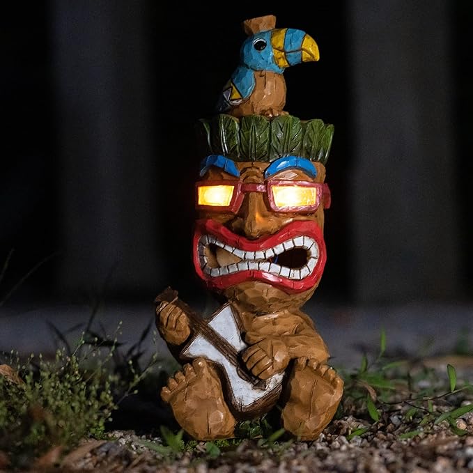 Solar Tiki Statue Decor-Outdoor Statues-Funny Guitar - Tiki Bird Tiki Bar Decorations 11.69 inch Tall for Outdoor Patio, Balcony, Yard, Backyard,Lawn,Tiki Gifts