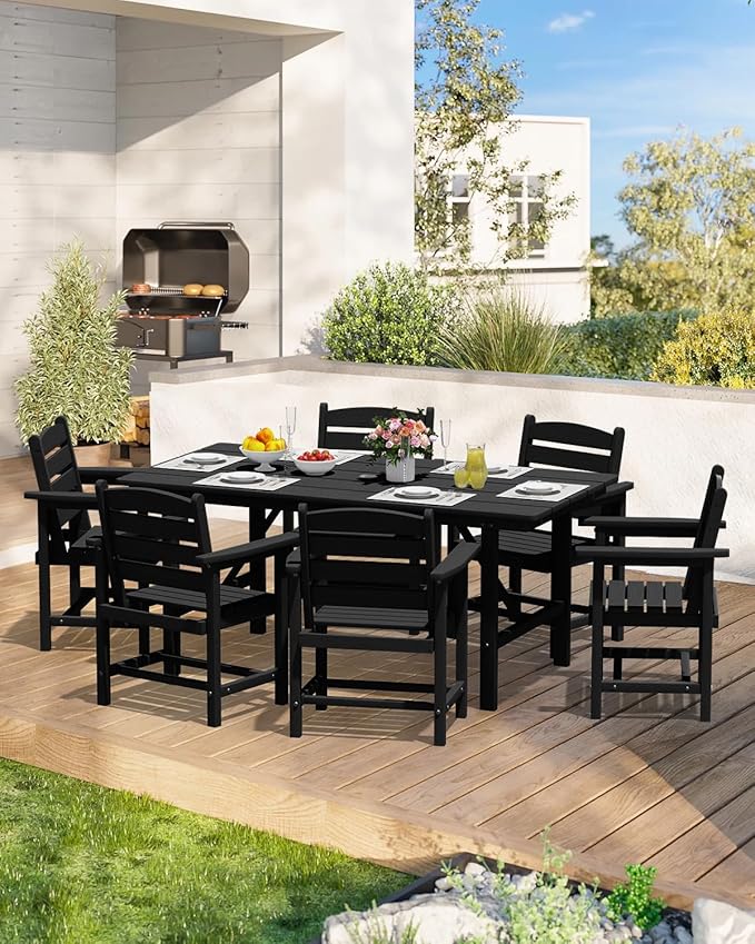 Patio Dining Set for 6 with Umbrella Hole - 66" Outdoor Table & 6 Chairs, All-Weather HDPE Outdoor Furniture for Lawn, Garden, Backyard, Poolside, Black