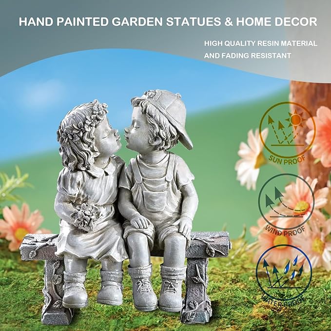 Elenon Garden First Kiss Outdoor Statue Decorative, Flower Bed Decor Boy and Girl Garden Statues, Couple Puppy Love Garden Sculpture for Yard Patio Art Decoration