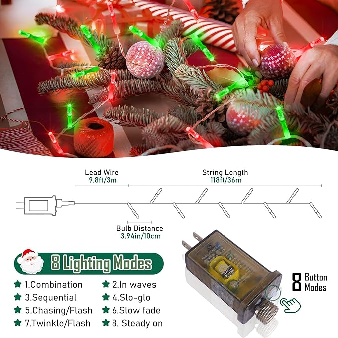 Heceltt 360 LED 118 FT String Lights Outdoor, 8 Modes Christmas Lights Plug in, IP44 Waterproof Led String Lights with Timer and Memory for Xmas Yard Garden Decorations (Red and Green)
