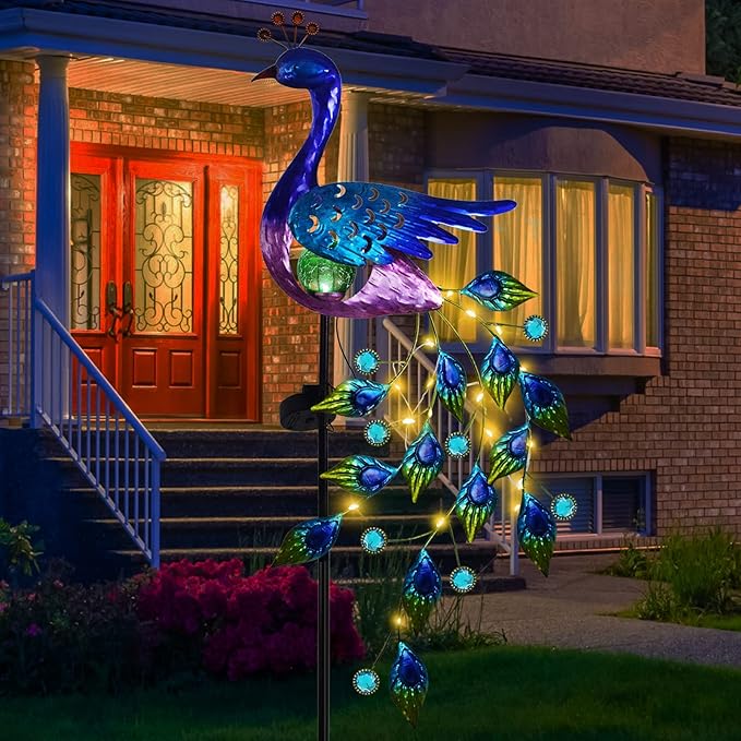 DREAMSOUL Peacock Solar Garden Lights Outdoor Decorative Stake, Waterproof Metal Peacock Garden Decor Solar Powered Landscape LED Path Lights Walkway Patio Decoration Lawn Ornament Christmas Gifts