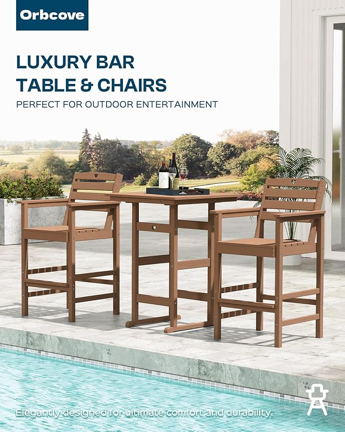 Tall Adirondack Chairs Set of 2, HDPE Wood Balcony Adirondack Chairs Set with Heart Cutout Design, Weather-Resistant Bar Height Furniture for Deck, Porch, Pool (Teak)