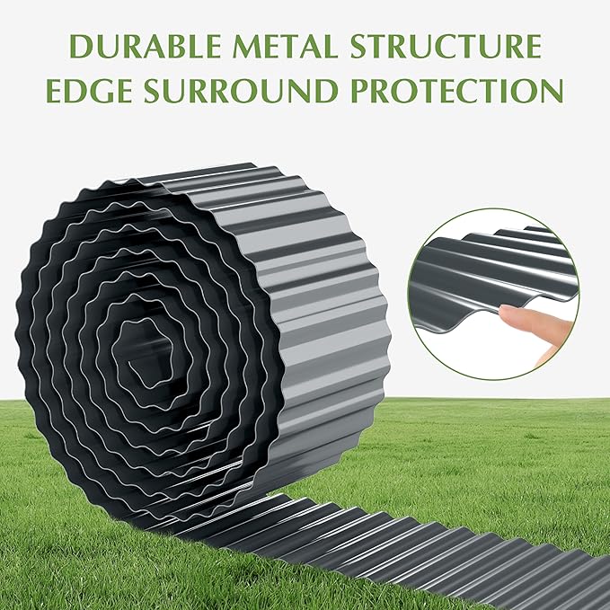 Metal Garden Edging Border, Corrugated Steel Landscaping, DIY for Lawn (Black, 10 Inch x 10FT)