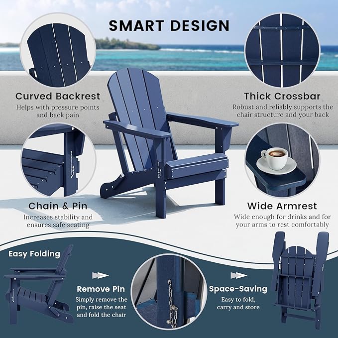 Westin Outdoors Laguna WO Home Furniture Adirondack Chair 4 PC Set Classic Outdoor Patio Folding Chair for Bon Fire Pit Lawn Backyard Beach Plastic Weather-Resistant (Navy Blue)
