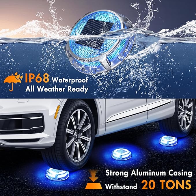 Quntis Solar Deck Lights for Outside, 3 Color Modes Deck Light Outdoor IP68 Waterproof, Solar Driveway Lights for Stair Pathway Walkway Road (Blue/Cool White/Warm White) 4 Pack