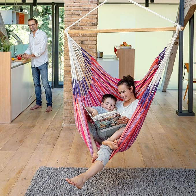 LA SIESTA - XL King Habana Cotton Hammock Chair & Romano Steel Stand - Indoor/Outdoor Hanging Chair Swing for Bedroom, Porch, Balcony - Boho Flamingo