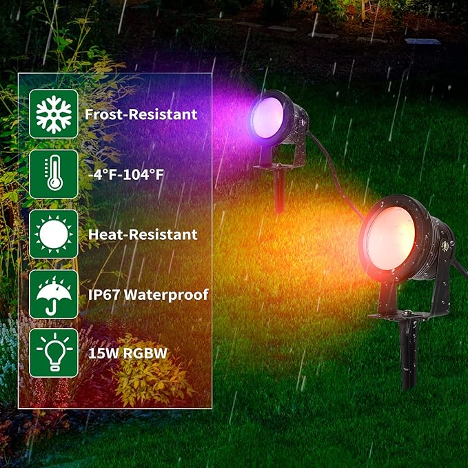 Spot Lights Outdoor, RGB Landscape Lighting 4XPack 15W IP67 Waterproof Spotlight Outdoor with Smart APP Control for Pathway Lights,LED Indoor Light(DC/AC 12V)