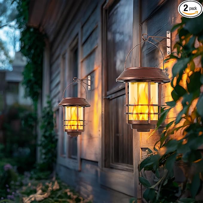 Otdair Solar Wall Lantern Outdoor, Flickering Flames Sconce Lights, Hanging Solar Lamps Wall Mount for Front Porch, Patio and Yard, 2 Pack, Bronze