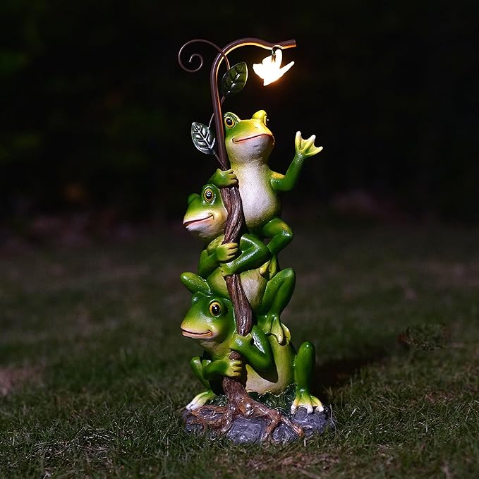 Frog Figurine Garden Decor, Solar Resin Frogs Outdoor Statue, Funny Frog Gift Sculpture Decoration for Home Patio Yard Lawn Porch Ornament